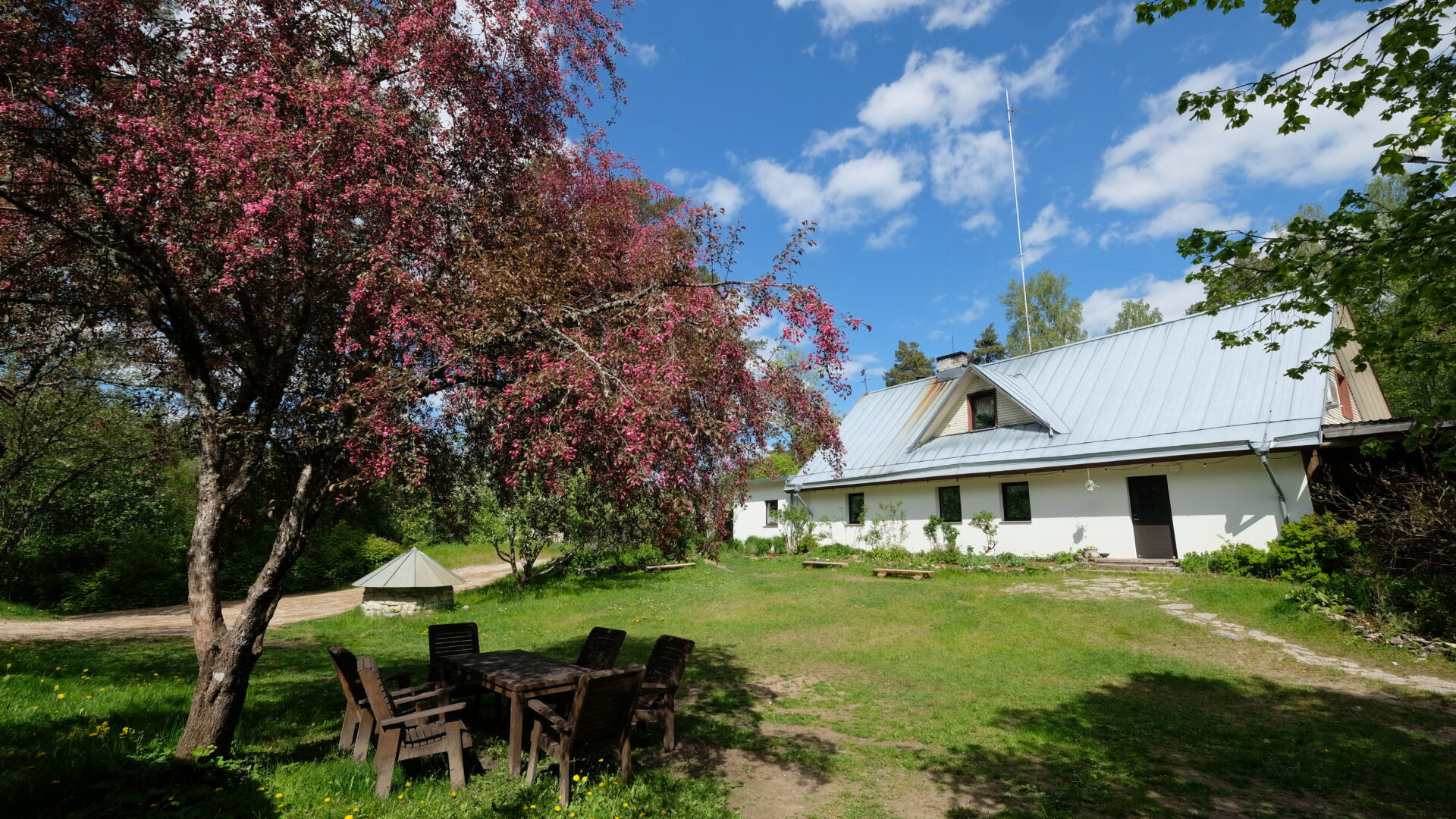 Peamaja sinine taevas 2025 üldvaade Kallaste Turismitalu Ärksa hingega talu Harjumaal.